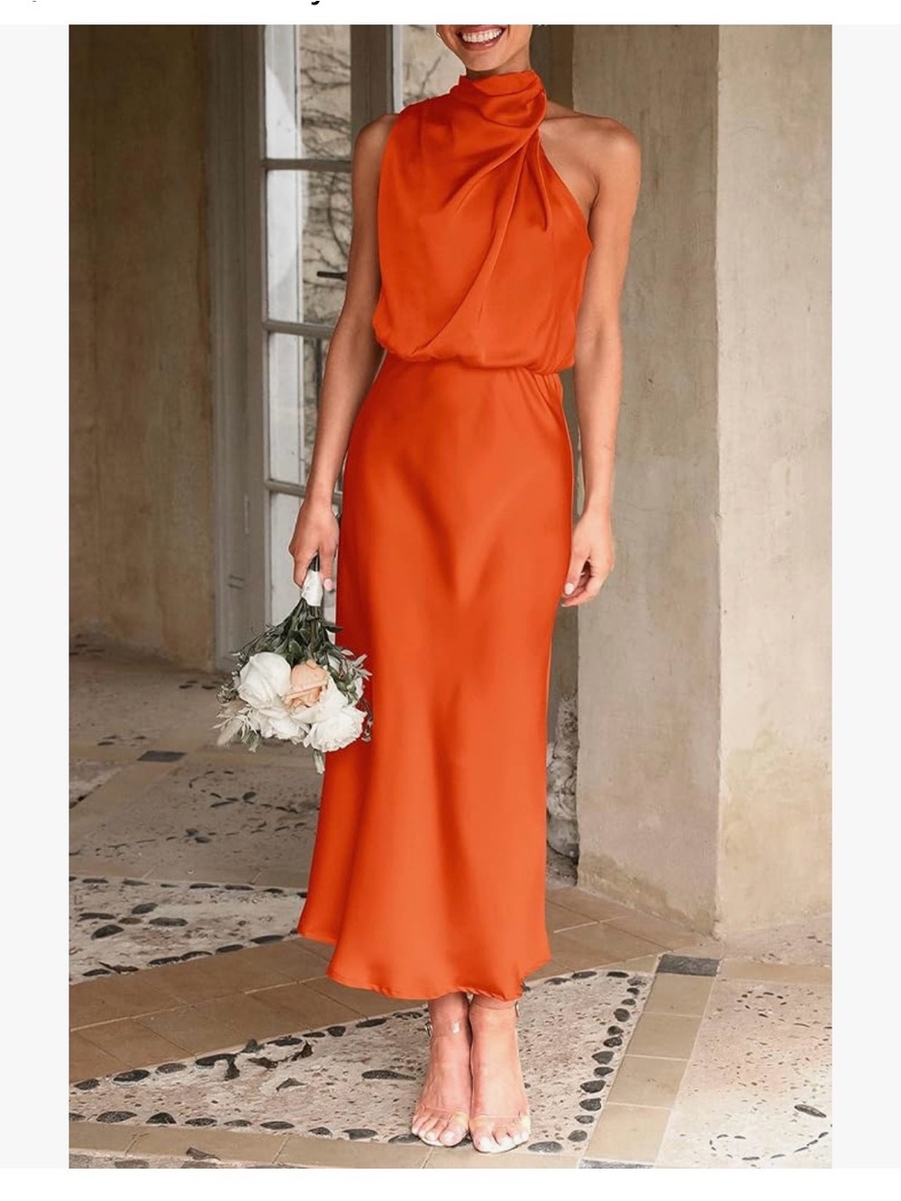 Draped High-Neck Midi Dress in Bold Orange